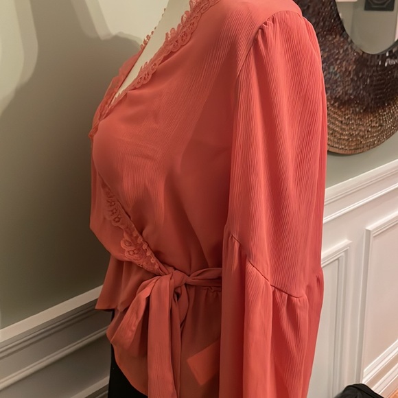 Express coral blouse w v neck lace detail and tie - Picture 2 of 4